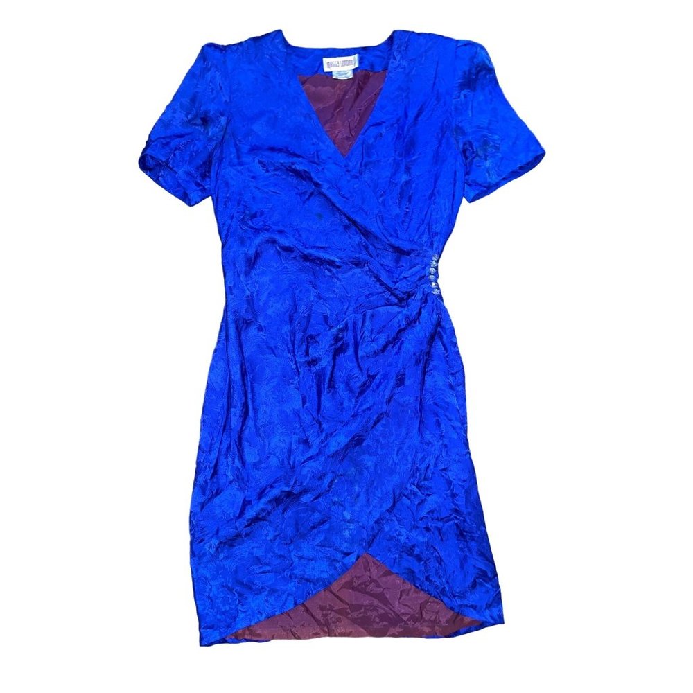 Vintage 1980s Maggy London 100% Silk Royal Blue & Purple Wrap Dress